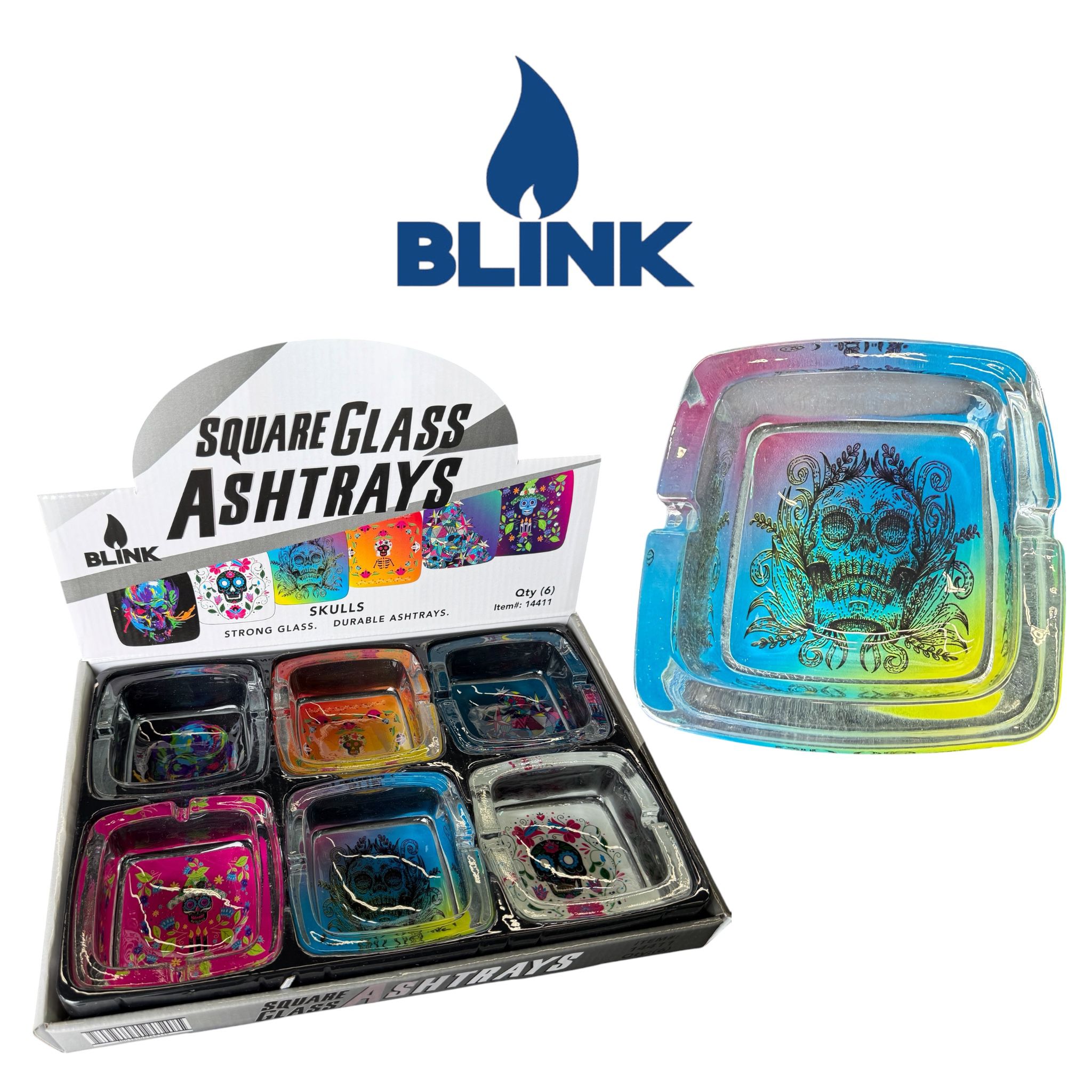 Blink 14411 Square Glass Ashtray Skull- 6ctSoCAL Distro LLC