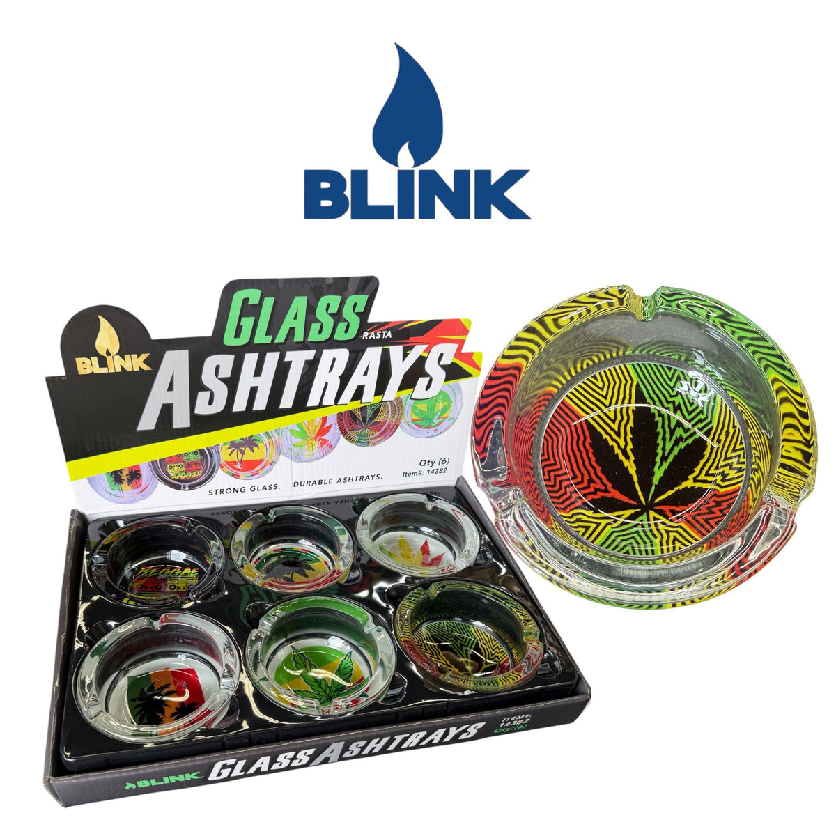 Blink 14382 Glass Ashtray Rasta 1- 6ctSoCAL Distro LLC