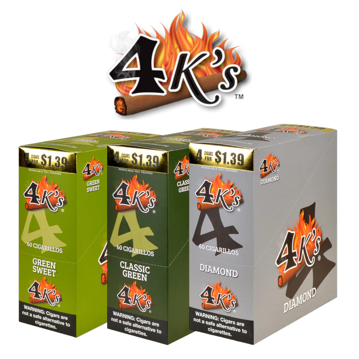4k tobacco 4 Kings Wraps 4 for 99c 30 pack of 4 Diamond  Stock Good Times 4k's Green Sweet